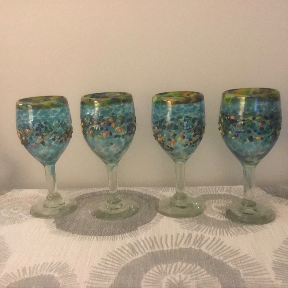 Handblown Turquoise Mosaic Glass Wine Goblets - Set of 4